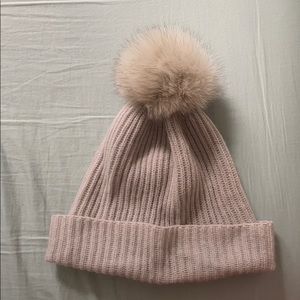 Dove grey cashmere beanie with fox fur pom pom